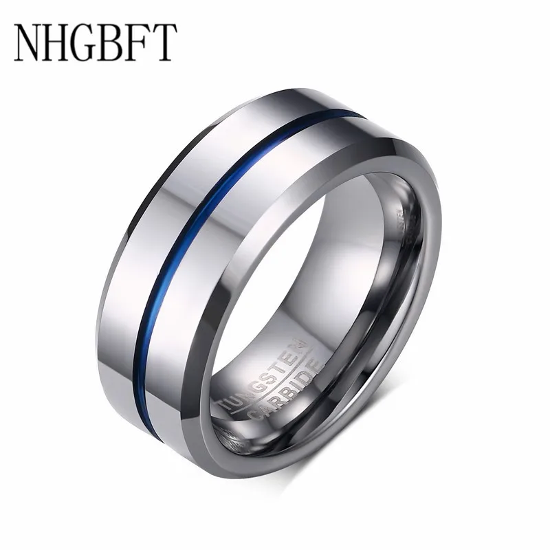 

NHGBFT 8MM Wide Mens Tungsten Carbide Rings Matte Wedding Band with Silver Blue Groove & Inner Biker Jewelry Dropshipping