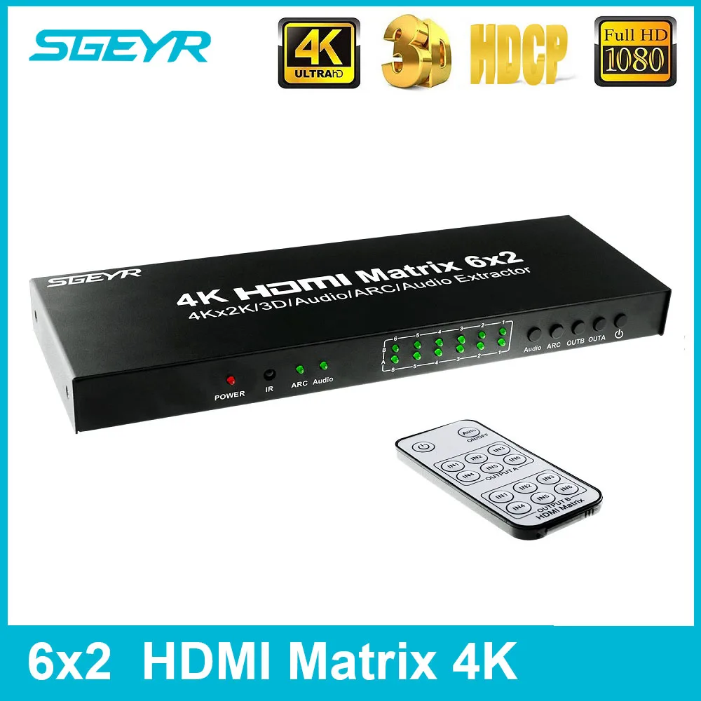 6x2 HDMI Matrix SGEYR 4Kx2K HDMI Matrix Splitter Switch 6 in 2 out Switcher with Remote Control SPDIF 3.5mm audio extractor 6x2 HDMI Matrix SGEYR 4Kx2K HDMI Matrix Splitter Switch 6 in 2 out Switcher with Remote Control SPDIF 3.5mm audio extractor