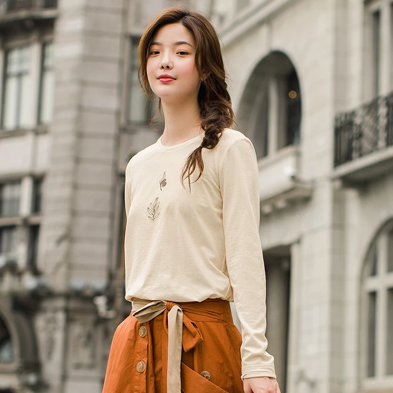 INMAN Autumn Winter Female Tee Slim Fit Shirt Print Embroidery Casual Wild Printing Long Sleeve Women Basic Femme T-shirt