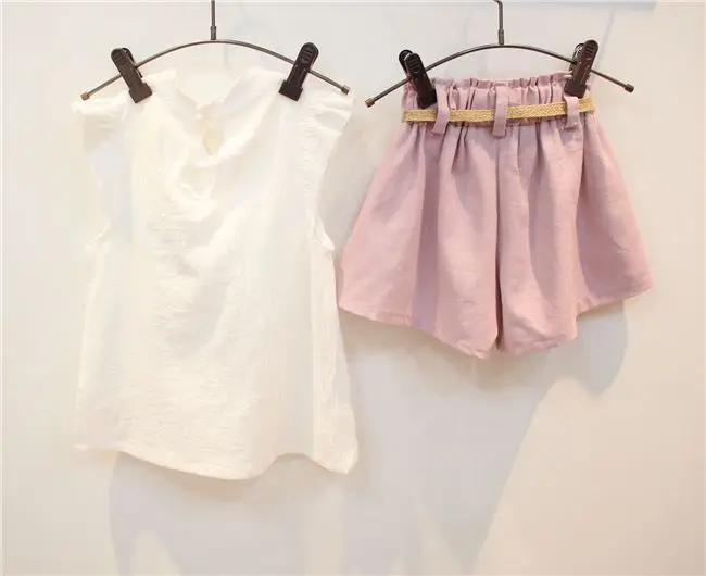 Для маленьких девочек Летние 2 до 8 лет одежда белая футболка с бантом из хлопка и льна розовый цвет шорты штаны Костюмы комплект Детский комплект