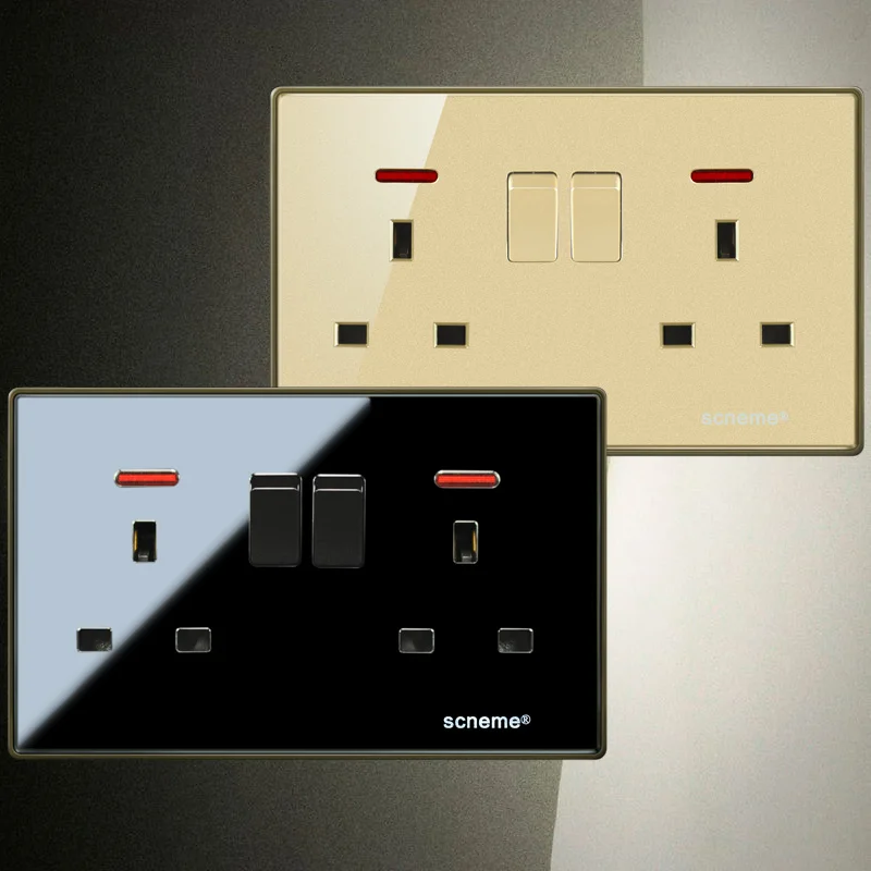 

UK Standard 6 pin Wall Outlet 13A, Acrylic panel Double Plate with On/OFF switch, With red indicator light