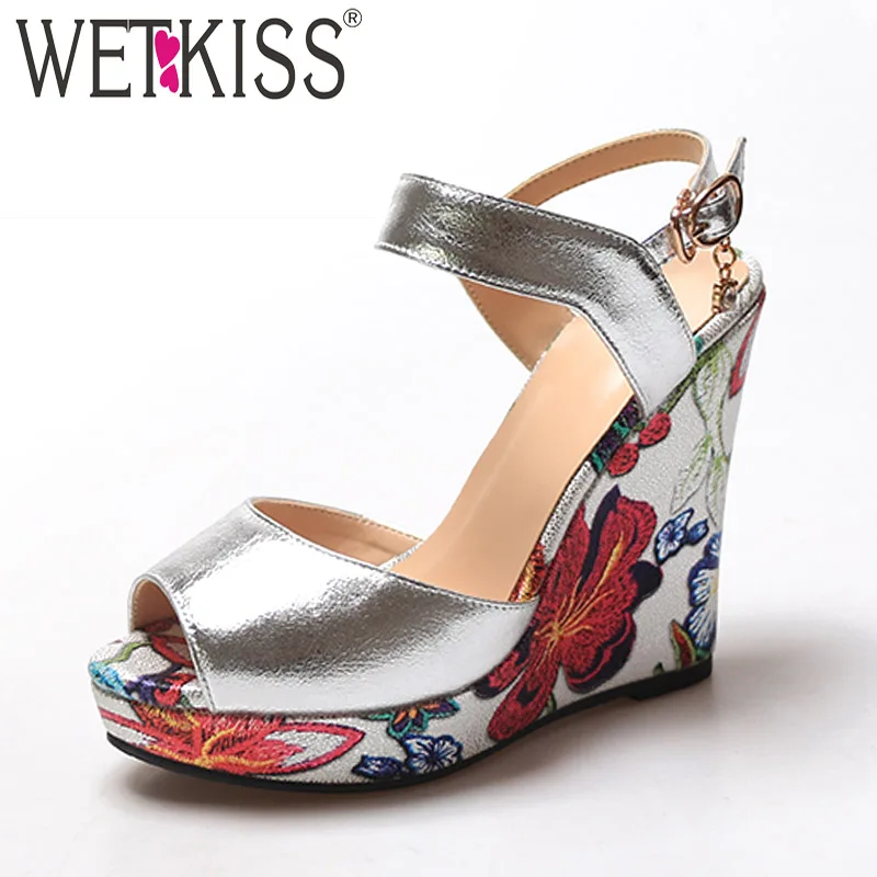 

WETKISS Wedges Platform Sandals Women Peep Toe Summer Sandals Emboss Print Pu Shoes Female High Heels Shoes Ladies 2019 New