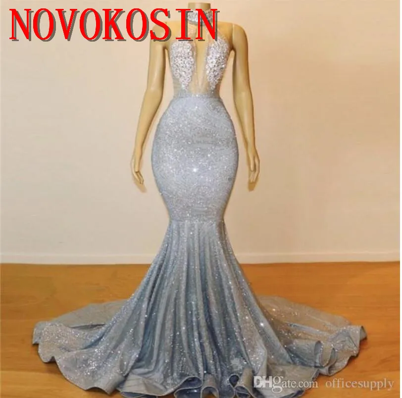 2019 Холтер See Through Русалка блесток кружево Длинные Формальные Свадебная вечеринка платье открытая спина, Тюль аппликация бисера серебро