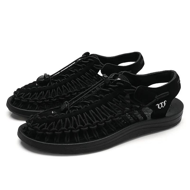 Черный Summer New Elastic Ribbon Hand-woven Shoes Men's Shoes Breathable Casual Shoes Single Shoes Men's Flat soles Single Shoes - Цвет: Черный