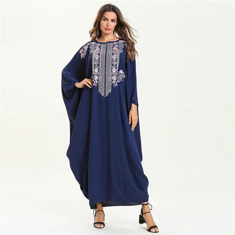 

Luxury Embroidered Turkish Islamic Clothing Ice Silk Elegant Navy Blue Muslim Dubai Evening Dress Abaya Maxi Moroccan Caftan