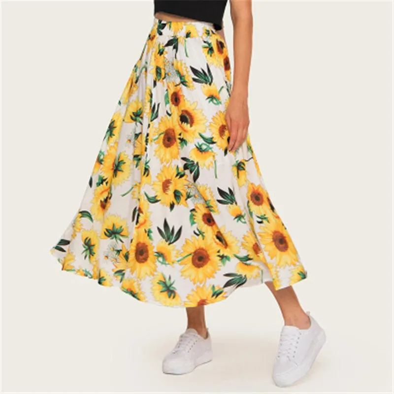 Loose Beach Summer Plus Size XL Harajuku Casual Fashion Faldas Mujer New Skirts Womens Print Vintage Elegant Skirt Bohemian