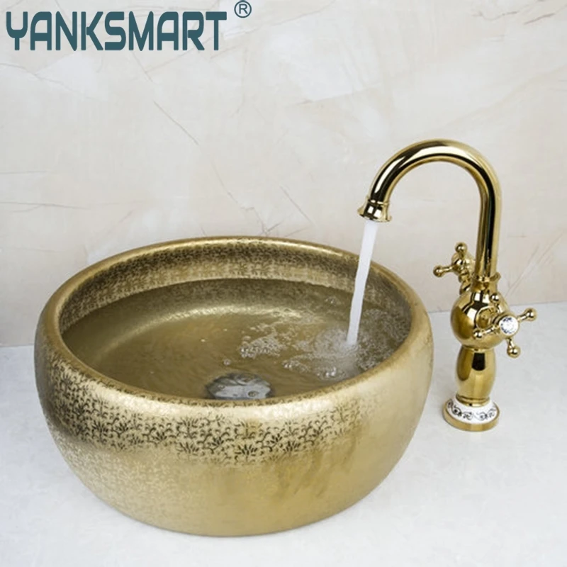 Полированный Золотой кухонный поворотный кран YANKSMART + раковина для ванной