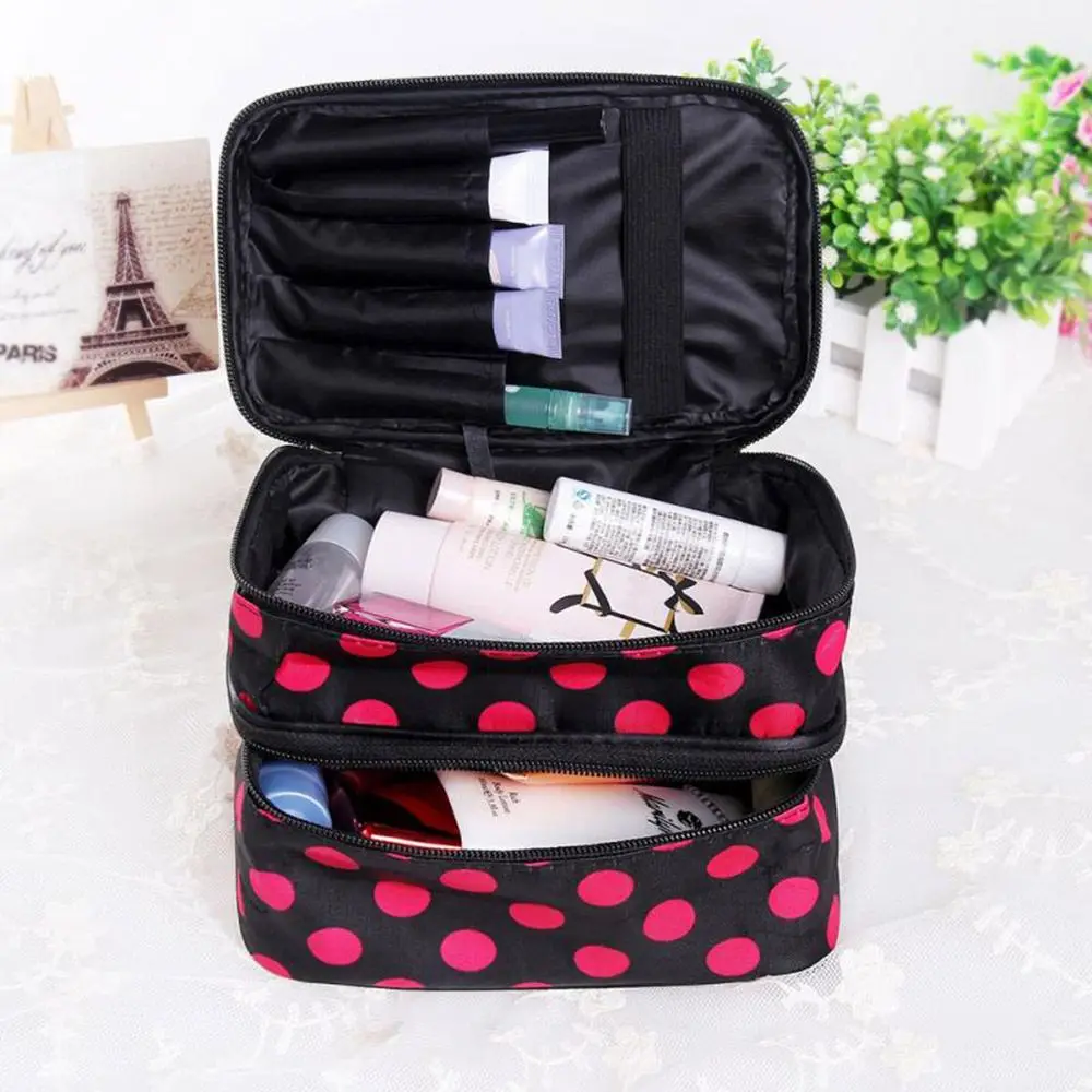 

1PC Women Double Large Layers Dot Portable Large Capacity Convenient Waterproof Cosmetic Makeup Toiletry Bag Handbag Convenient