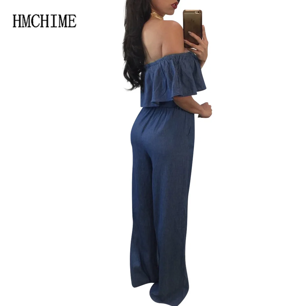 Buy Cowboy Denim Women Jumpsuit Slash Neck Female