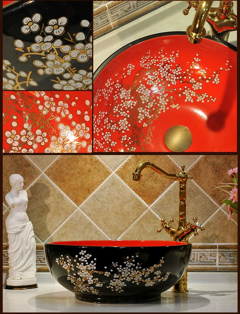 Настольная раковина художественный фарфор керамическая ванная раковина умывальник украшение в виде сливы черный и красный