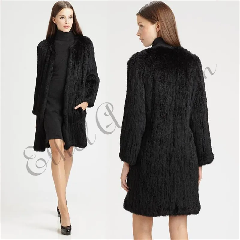 

ETHEL ANDERSON Real Rabbit Fur Long Coat Top Womens Brand New Jacket Pockets O-Neck Long Sleeve Cardigan Thick Outwear Overcoats