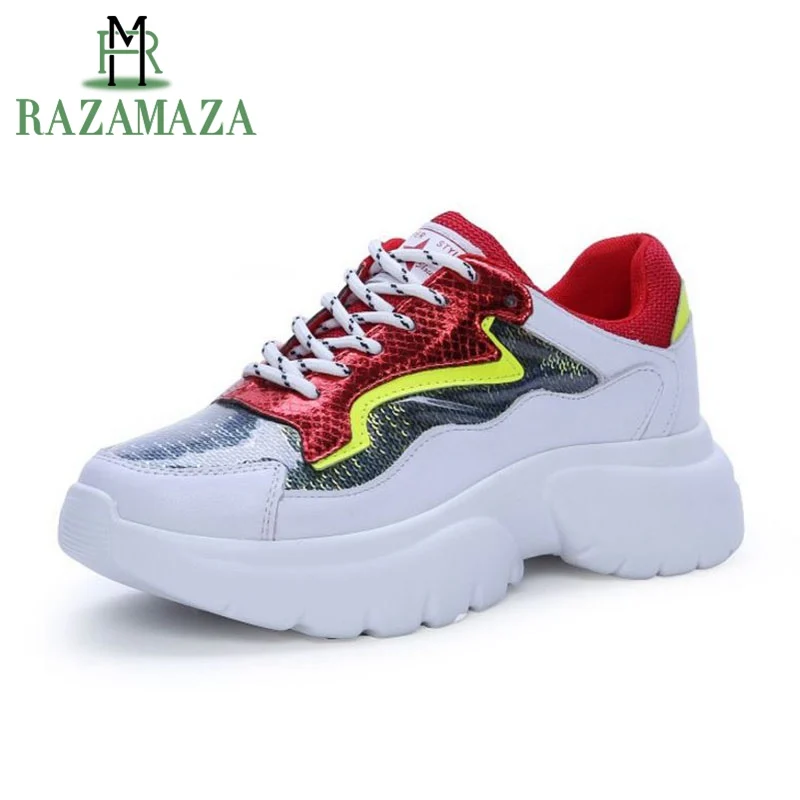 

RAZAMAZA Sneaker Shoes Women Fashion Bling Lace Up Casual Shoes Mixed Color Thick Bottom Vulcanized Shoes Women Size 35-40