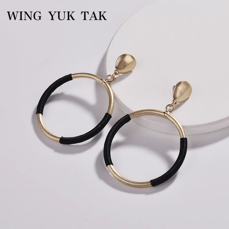 

wing yuk tak Vintage Round Earrings for Women Fashion Cotton Line Wrapped Metal Disc Drop Earrings boucle d'oreille femme 2018