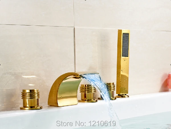 

Newly US Free Shipping LED Light Change Arc Spout Bathroom Tub Faucet Golden Finish W/ Handheld Shower Mixer Tap Deck Mounted