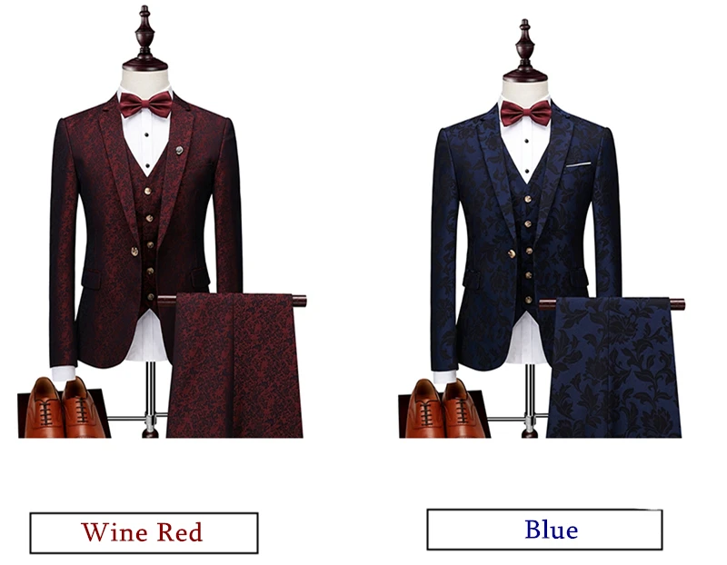 Plyesxale Для мужчин комплект из 3 предметов костюм Цветочный Терно Masculino Slim Fit Для мужчин s костюмы дизайнеров 2018 синий бордовый Свадебный