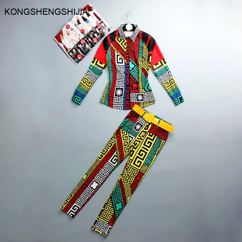 

S-XXXL 2017 spring and summer fashion show runway new pattern casual plus size shirt + pants national wind retro hit color