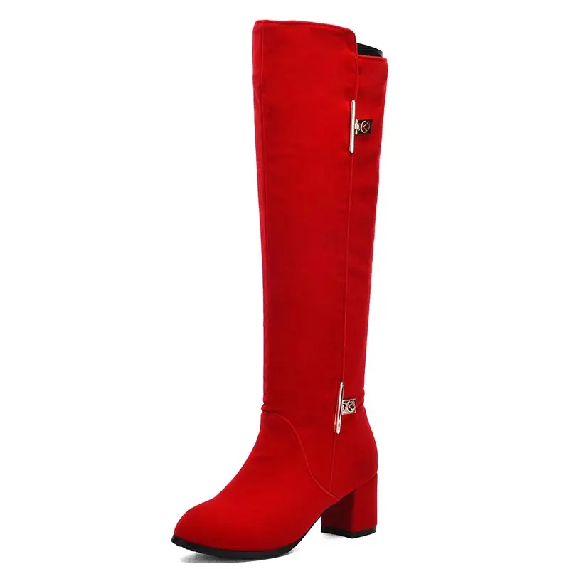 

fashion metal decoration cozy small round toe waterproof knee boots solid slip-on high-heeled all-match knight boots dxj1056