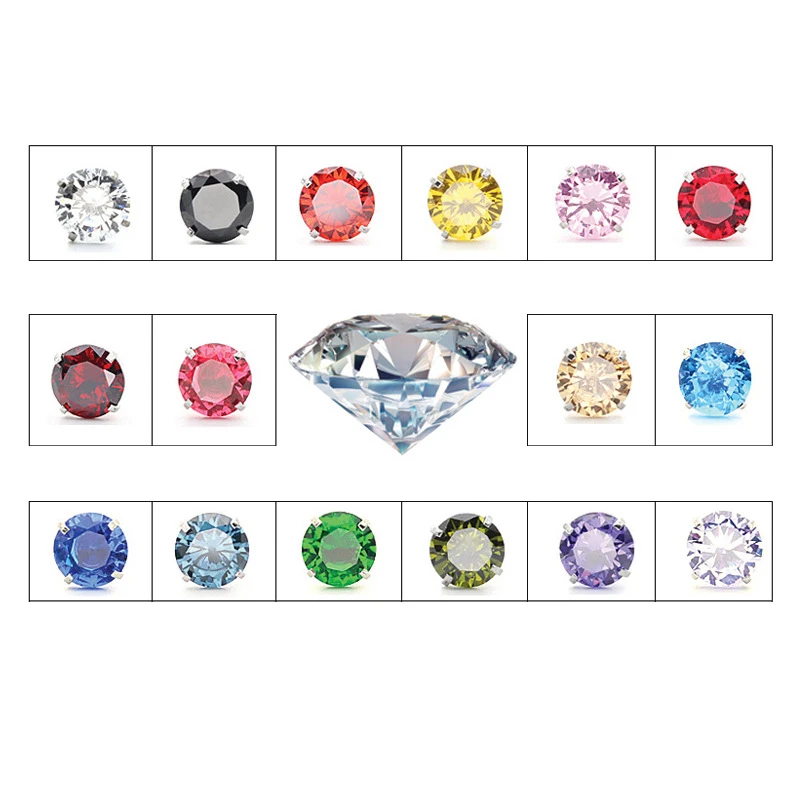 Серьги гвоздики из нержавеющей стали 316L с фианитом 6 мм 14 цветов|stud earrings|stone stud