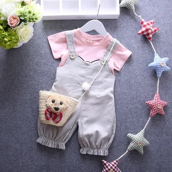 

2016 Children's Clothing Baby Cat Pants Suit with Short Sleeves Baby Girls Clothing Set