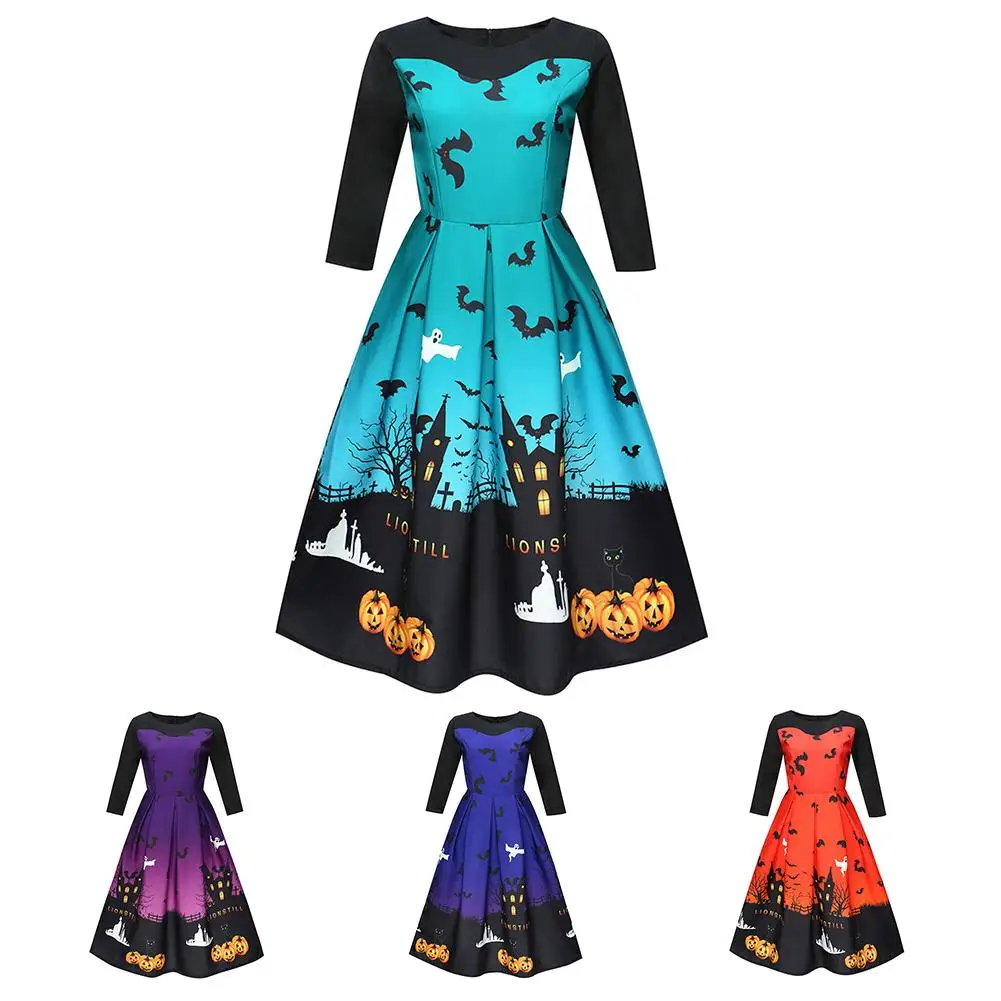 Для женщин ретро платье 50 s 60 Винтаж Хэллоуин качели Feminino Vestidos с круглым вырезом