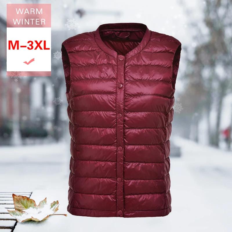 

Women Ultra Light Down Vest Female White Duck Down Sleeveless Warm Coat Covered Button Thin Slim Windproof Round Collar Liner