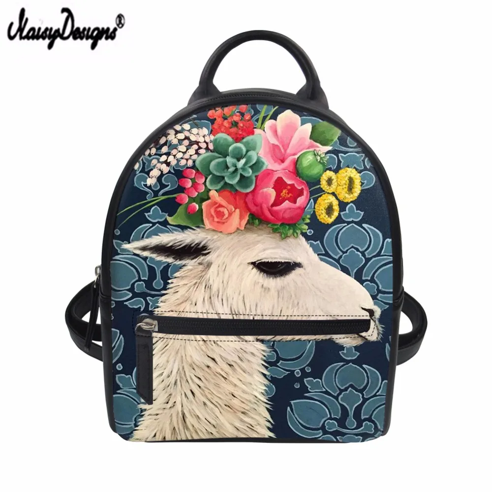 

NOISYDESIGNS Brand Ladies Backpack Flowers Alpacas PU Leather Backpacks for Girls Women Bagpack Mini Daypack Female Bolsa