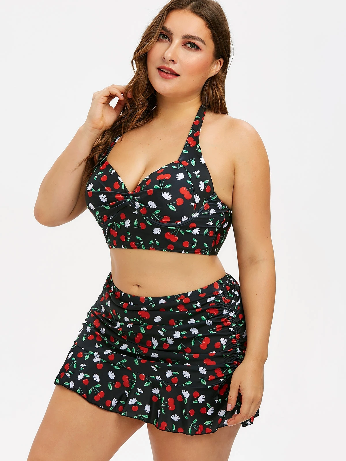 Conjunto de Bikini con flunce de talla grande con falda Estampado de cereza Push Up traje de baño para ropa de playa Mujer más Sexy brasileño Big Bodysuit