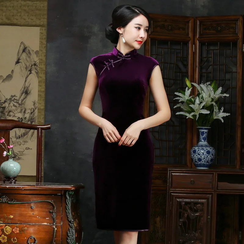 

Short Modern Qipao Traditional Chinese Dress Women Cheongsam Oriental Style Dresses Cheongsams Velour Vintage Quality Qi Pao