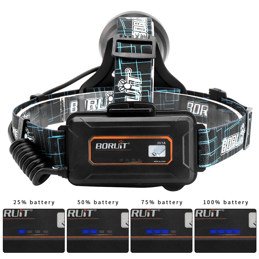 BORUIT B10 XM-L2 светодиодный налобный фонарь с 3 режимами 6000LM фар Micro USB Перезаряжаемые налобный фонарь для кемпинга, охоты, Водонепроницаемый фонарик