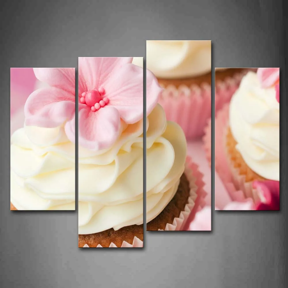 4 Panels Unframed Wall Art Pictures Cream Flowers Cupcake Canvas Print Modern Food Posters No Frames For Living Room | Дом и сад
