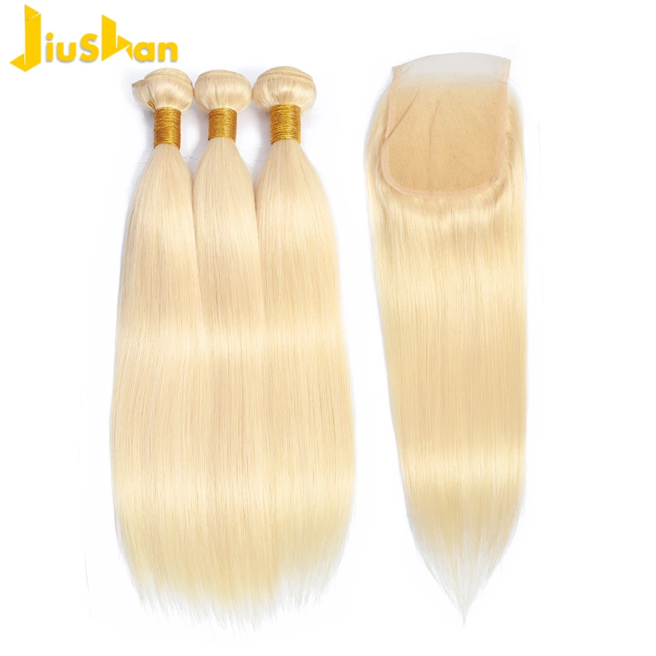 

Jiushan 613 Blonde Bundles With Closure Brazilian Straight Hair Bundles With Closure Non Remy Human Hair Extenstions 12-28 inch