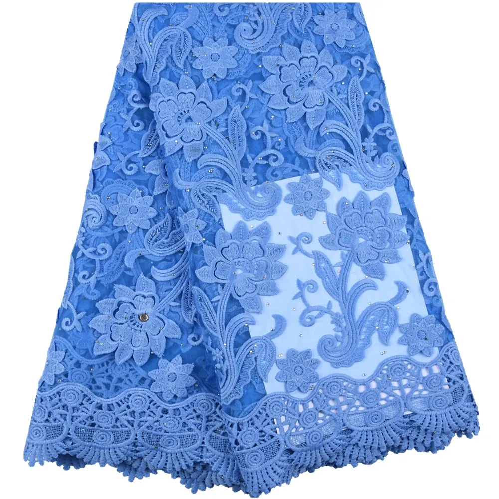 

Latest French Milk Silk Lace Fabric Sky Blue Soft 3D Flower Milk Silk Lace Fabrics With Stones For Nigerian Every Dresses F1626