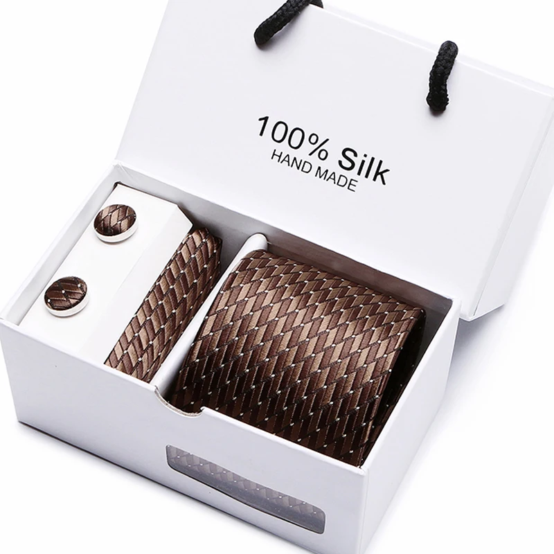  Gift box packing men brand luxury necktie pocket square wedding mens neck ties silk tie set cufflin