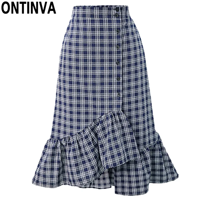 

Gingham Bodycon Asymmetric Skirt with Button Fashion Lady Ruffle Checkered Bottoms 2019 New Summer Vintage School Girl Clothes