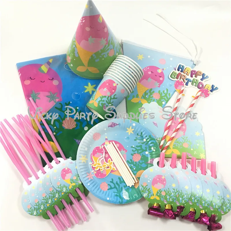 

72pcs/lot Cartoon Baby Pink Shark Whale Girl Disposable Tableware Birthday Baby Shower Plate Cup Party Decoration Supplies