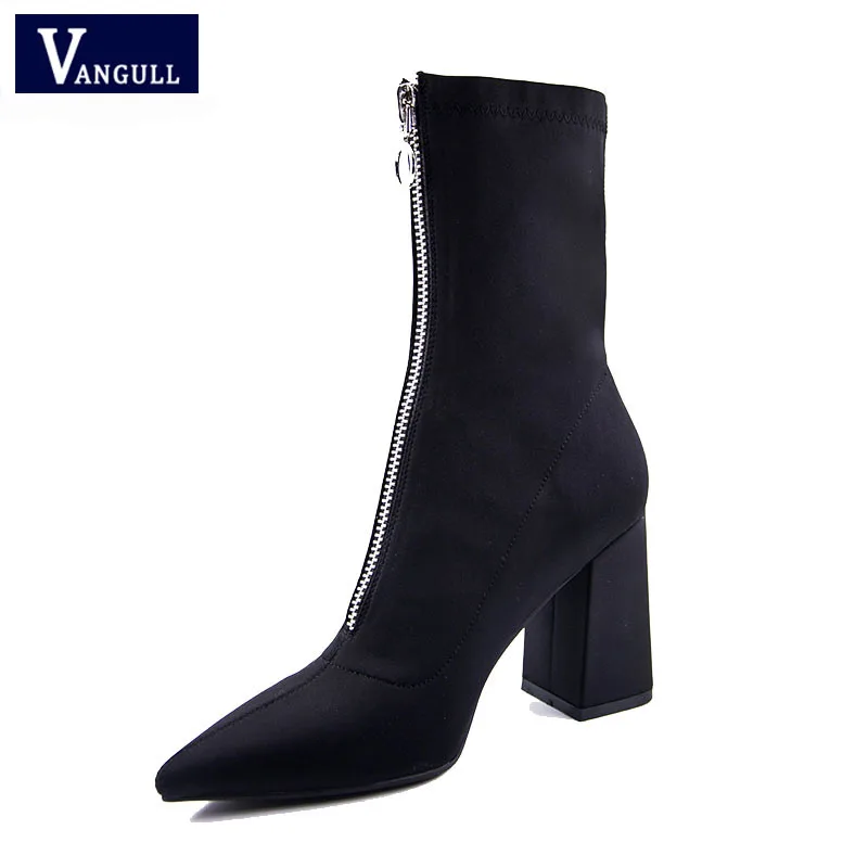 

2019 Women's Shoes winter Fashion Pointed boots Stretch fabric Front zipper Ankle Boots Martin boots sexy High heels women shoes