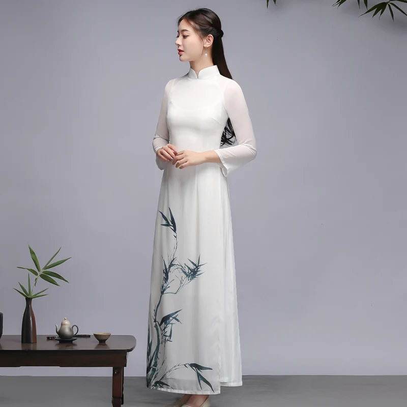 Летнее платье для девочек в винтажном стиле; в китайском стиле Фея Aodai Qipao платья двойной Слои платье для женщин танец платье Zen Чай одежда vestidos WJ588