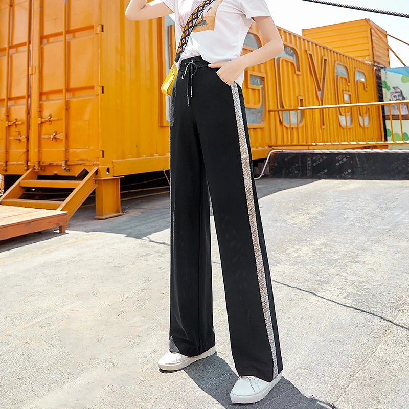 

Women Striped Sequined Wide Leg Pants 2019 Summer Black Elastic Waist Lace Up Plus Size Trousers Women Sweatpants Palazzo Pants