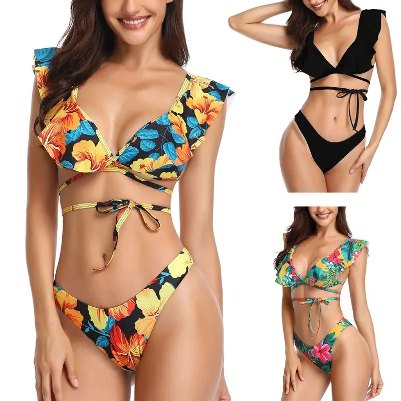 Women Sexy Two Piece Bikini Set Ruffles Flounce Shoulder Strap V Neck