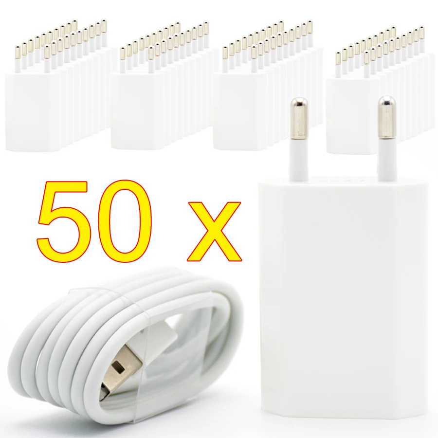 50 шт./лот евро вилка настенное USB зарядное устройство для iPhone 8 контактный кабель для зарядки+ зарядное устройство адаптер для Apple iPhone 6 7 Plus 5S 5 белый цвет - Тип штекера: Европейский Союз (ЕС)
