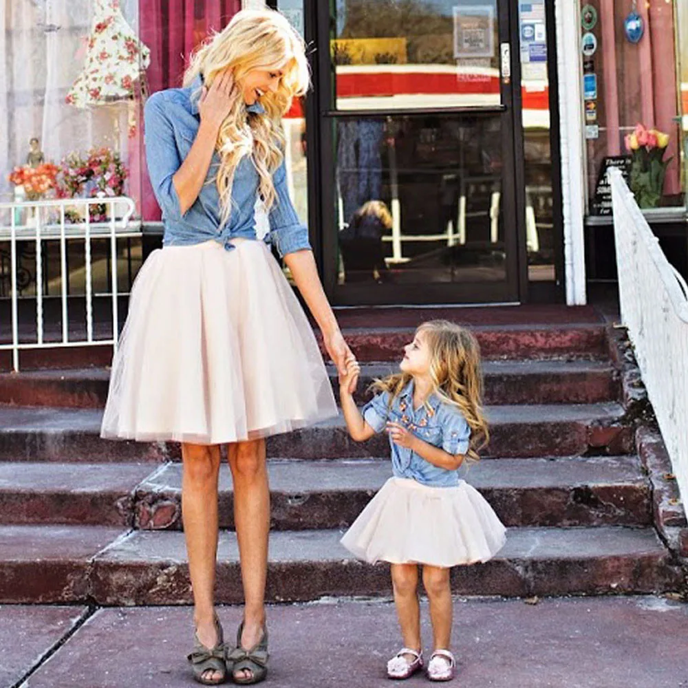 

ARLONEET 2017 Mommy and Me Kids Girl Demin T shirt Tops+Skirt Dress Family Clothes Outfits Set