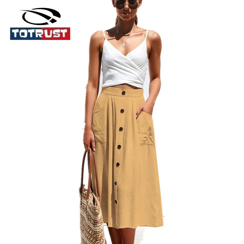 

TOTRUST Summer Skirts For Women 2019 Elastic Back Midi Button Knee Length Summer Fashion Casual Skirt High Waist Saia Femininas