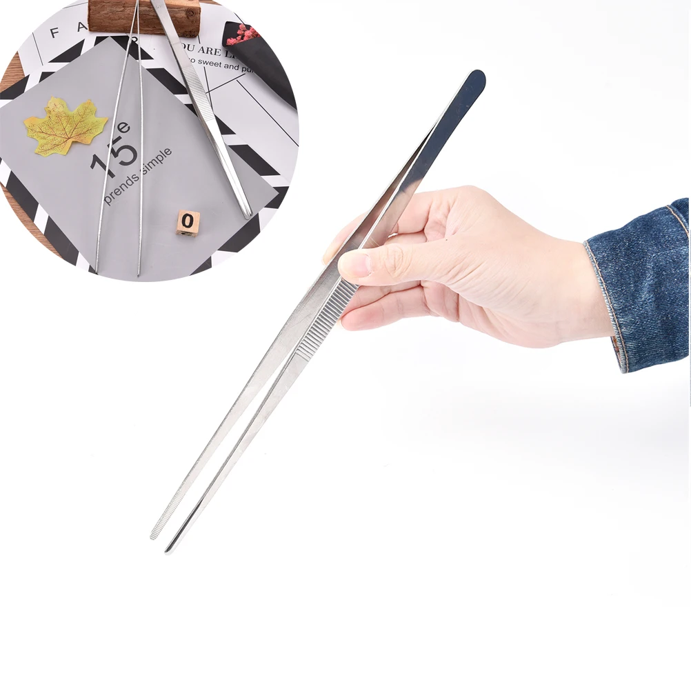 

30cm Toothed Tweezers Barbecue Stainless Steel Long Food Tongs Straight Home Medical Tweezers Garden Kitchen BBQ Tool