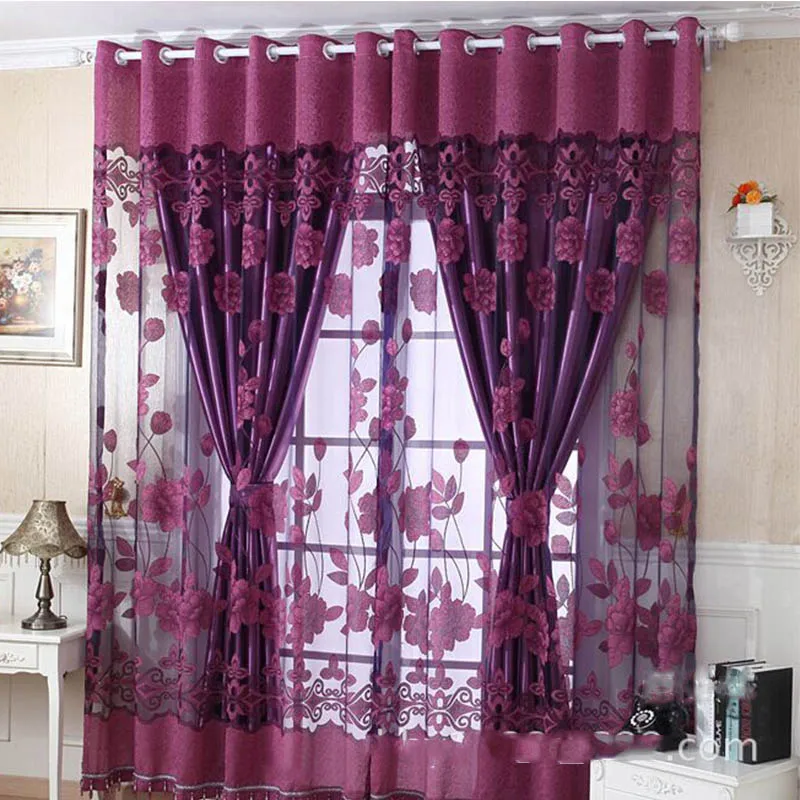 Фиолетовая занавеска из вуали для спальни, деревенский выгорающий цветок, готовая оконная занавеска, тюль для кухни, гостиной WP087C - Цвет: dark purple tulle