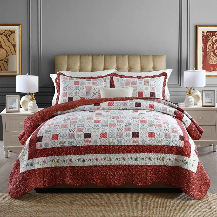 Korea Patchwork Quilt Set 3PCS bedding Quilted Bedspread*1 Pillowcase*2 Wash cotton Quilts Bed Covers King Size 230*250 Coverlet