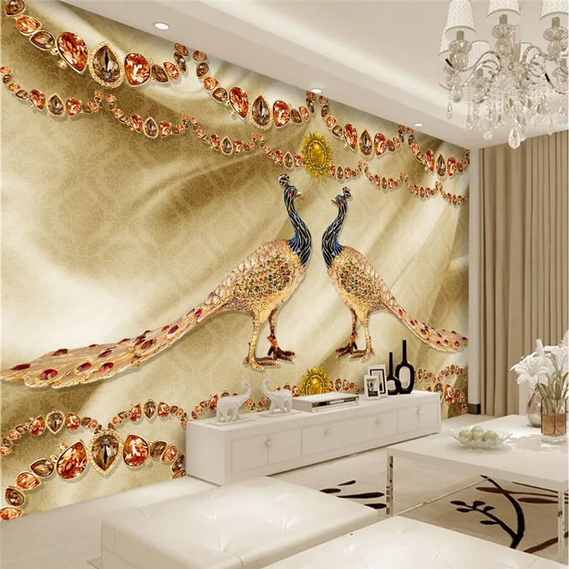 

Custom Any Size Modern Wall WallPaper Peacock Jewelry Yellow Silk Luxury Art Wall Covering BedRoom Mural Background Wallpapers