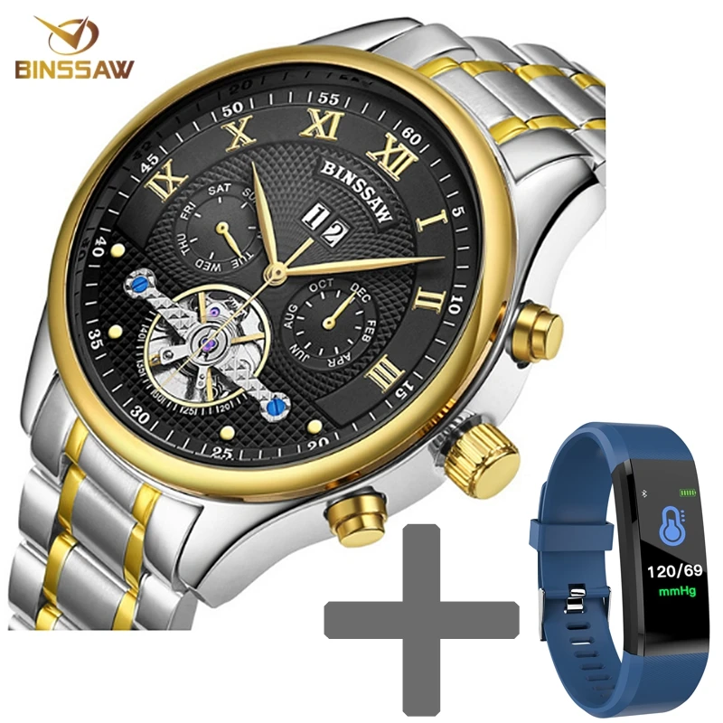 

BINSSAW Mens Automatic Mechanical Gold Stainless Steel Watches Tourbillon Fashion Business Sport Set Women Kid Smart Men Watch