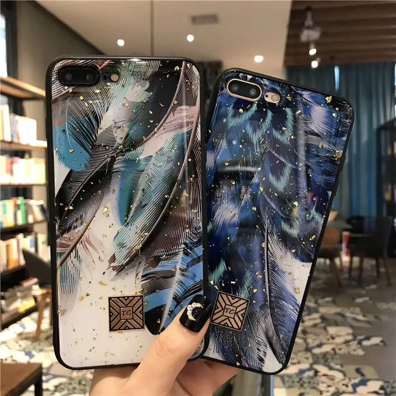 

Luxury Gold Foil Peacock Feather Phone Case for iPhone 8 7 6 6s Plus X XS Max XR Case Soft TPU Silicone Cover for iPhone 7 Plus