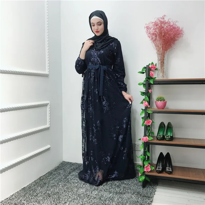 Роскошные мусульманские Рамадан платье Абая Дубай Кружева Вышивка бронзовые двойные платья кардиган халат платье Джаба Ближний Восток ИД исламский - Цвет: Dark blue abaya