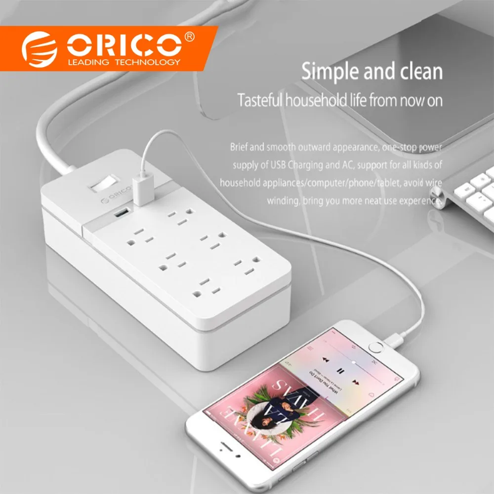 

ORICO 6 AC Outlet Surge Protector with 2 USB Charging Port Smart Multi Power Strip Socket Adapter Extension Patch Board Charger